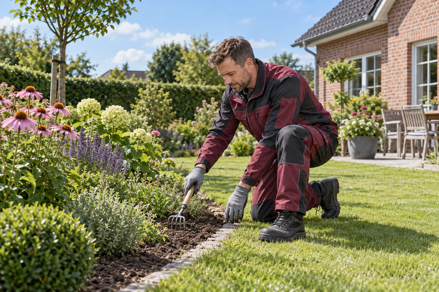 Stavement-Gartenhelfer in professioneller Arbeitskleidung pflegt ein sonniges Blumenbeet