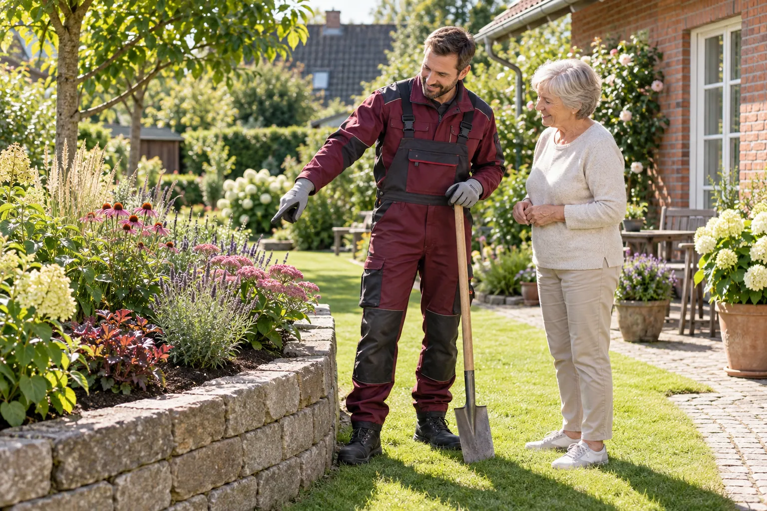 Professionell gekleideter Gartenhelfer plant mit einer Kundin die Bepflanzung eines Beetes