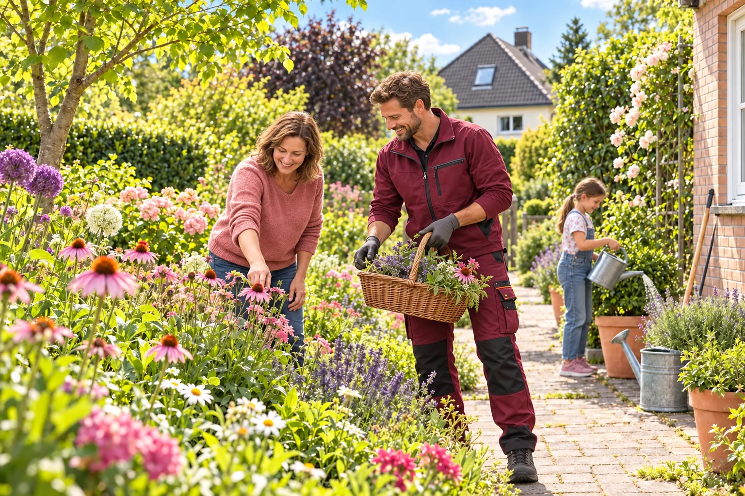 Stavement-Gartenhelfer in Arbeitskleidung bei der Gartenpflege für eine Familie